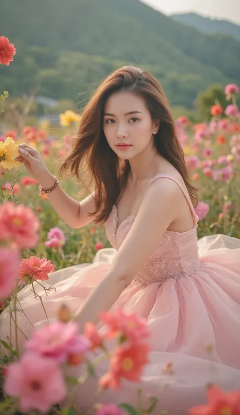 This photo is an aesthetic work of art, combining portrait and landscape.

1. Subject and pose:
The female model is placed in the center of the frame, slightly tilted to the left, creating a sense of harmony and balance. The natural expression, the flowing...