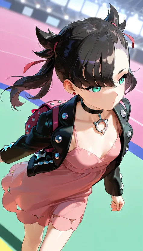 high resolution picture, masterpiece, best quality, amazing quality, solo, 1girl,marnie,expressionless,small breasts,shiny skin,clothes, black choker, black jacket, choker, dress, earrings, jacket, jewelry, long sleeves, open clothes, pink bag, pink dress,...