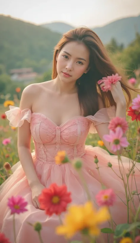 This photo is an aesthetic work of art, combining portrait and landscape.

1. Subject and pose:
The female model is placed in the center of the frame, slightly tilted to the left, creating a sense of harmony and balance. The natural expression, the flowing...