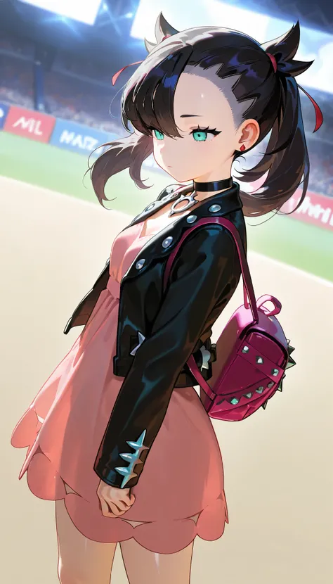 high resolution picture, masterpiece, best quality, amazing quality, solo, 1girl,marnie,expressionless,small breasts,shiny skin,clothes, black choker, black jacket, choker, dress, earrings, jacket, jewelry, long sleeves, open clothes, pink bag, pink dress,...