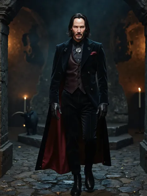 Keanu Reeves reimagined as a majestic dark gothic Tarot card The Devil walking、dramatic atmosphere, 1 male、
Long, jet-black hair slicked back with subtle waves, framing a sharp jawline and pale, chiseled features. Piercing, shadowed eyes. His expression is...