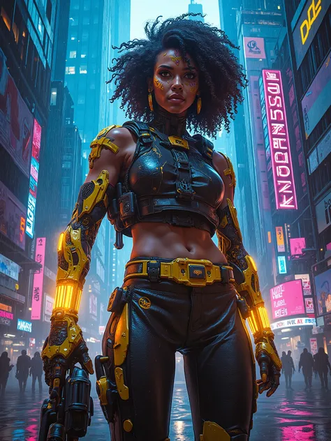 Award-winning hyper-realistic masterpiece, retro-futurism style by Don Lawrence: A defiant cybernetically enhanced woman embodies African strength and Brazilian allure—voluminous curly hair adorned with gold cuffs, mahogany skin with golden undertones, bol...