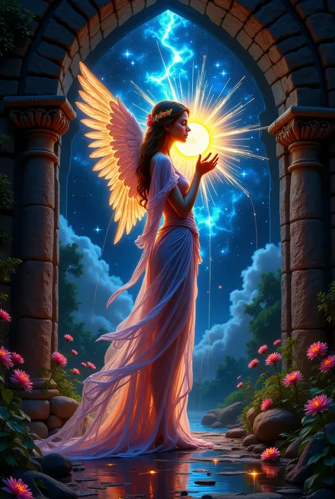 Stone The vintage window, made of bioluminescence glass, the masaic image of the beautiful angel Girl, window with an amazing robe and halo, holding the sun that radiates beautiful rays, sunlight breaks through the glass, illuminates the dark scar with a, ...