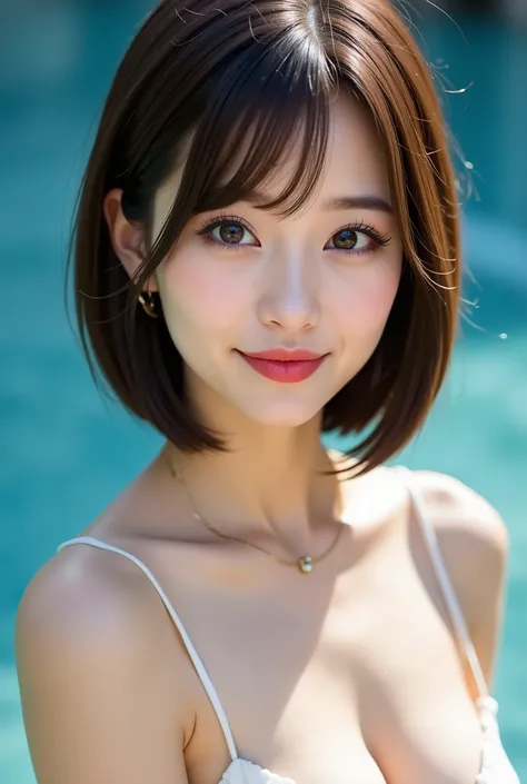 1girl, (perfect face), detailed pupils, feminine, ((large breasts)), white round tank top, looking at viewer, black hair, short hair, black eyebrows, thin eyebrows, brown eyes, black eyeliners, blush, thick lips, red lips, blue background