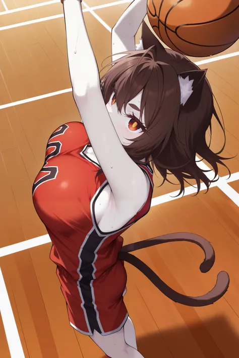 score_9, score_8_up, score_7_up, (basketball court), pale skin, wide shot, dutch angle, from above, from side, looking up, (solo, 1girl, nekomata, red eyes, dark brown hair, medium hair, cat ears, white fur inside cat ears), large breast, (basketball unifo...