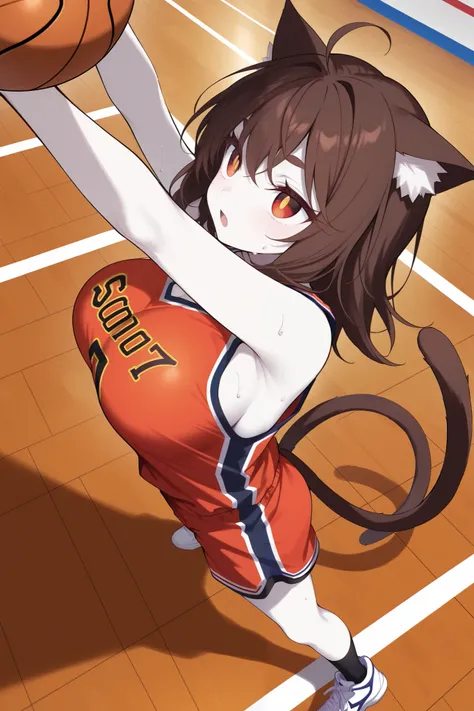 score_9, score_8_up, score_7_up, (basketball court, basket ring), pale skin, (very wide shot:1.1), dutch angle, from above, from side, looking up, (solo, 1girl, nekomata, red eyes, dark brown hair, medium hair, cat ears, white fur inside cat ears), large b...