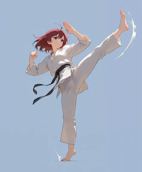 Full Body、 fight scene、simple background、dynamic、great details、high image quality、kick、bare feet、karate