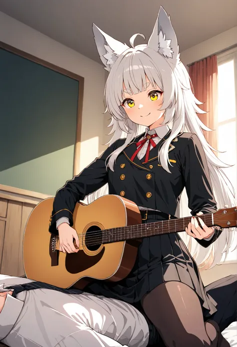  smile,Ahoge on top of head,masterpiece , About  ,1 medium breasted girl, alone, tap eyebrows,Tai Eyebrows, 短いBangs,Bangs,Round eyebrows,  yellow eyes, silver hair ,straight long hair,long hair,wolf cut,stupid hair,fox ears, 白いfox ears, Acoustic guitar pla...