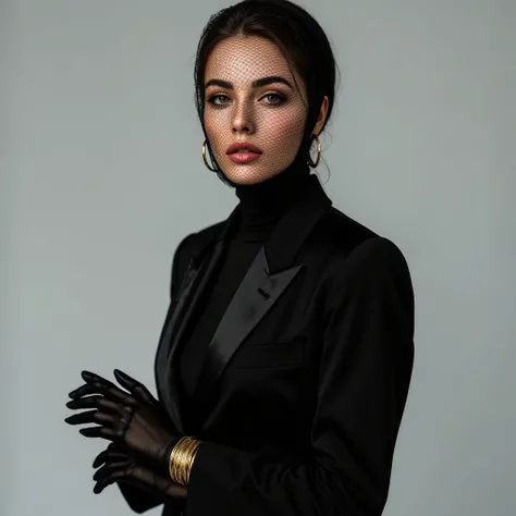 High-fashion editorial portrait of a striking woman wearing a structured black mesh face veil — a fine netted tulle fabric with small diamond-shaped holes — that fully covers her face and extends gracefully down to her neck, closely fitted and secured at t...
