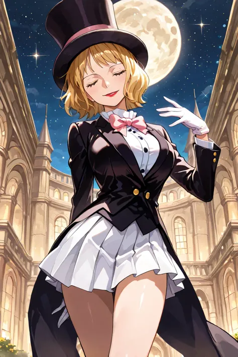 (masterpiece, 2k, high detail) solo, 1girl, stussy, one piece, short hair, blonde hair, red lipstick, blue eyes, sleek legs,( large black silk top hat, pink band) black tuxedo jacket, white shirt under tuxedo jacket, pink bowtie, white miniskirt, ((white ...