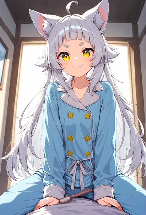  smile,Ahoge on top of head,masterpiece , About  ,1 medium breasted girl, alone, tap eyebrows,Tai Eyebrows, 短いBangs,Bangs,Round eyebrows,  yellow eyes, silver hair ,straight long hair,long hair,wolf cut,stupid hair,fox ears, 白いfox ears, in pajamas,tooth br...