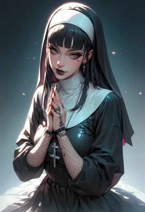 in the style of cksc, a goth cyberpunk nun girl is praying, wearing fishnets