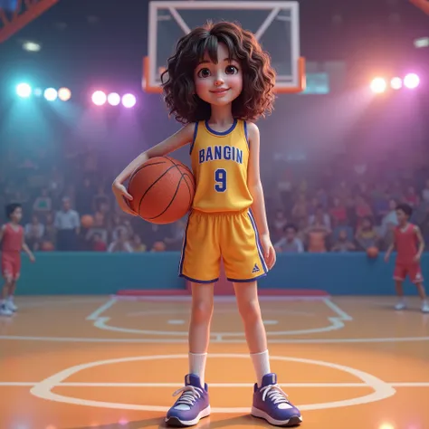 A realistic girl with dark brown, shoulder-length curly hair, a basketball player, standing on the court with a ball, cheerful and happy, in a bright and lively environment, in high definition, 8K.