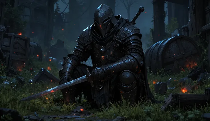 A medieval warrior , of black armor complete, Even with a thick helmet, he is sitting with his bastard sword resting on his shoulder. He is in a calm grass on a quiet night. Around him are the ruins of a destroyed medieval brewery, with broken wooden barr...
