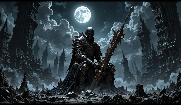 A foreboding medieval warrior, draped in ominous black armor that seems to drink in the faint starlight, sits unmoving amidst a cursed and desolate field. His face is hidden beneath a grim helmet, and his massive bastard sword rests wearily on his shoulder...