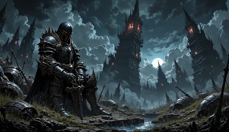 A foreboding medieval warrior, draped in ominous black armor that seems to drink in the faint starlight, sits unmoving amidst a cursed and desolate field. His face is hidden beneath a grim helmet, and his massive bastard sword rests wearily on his shoulder...