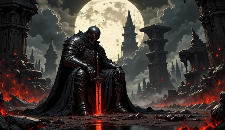 A grim medieval warrior, encased in an impenetrable black armor that seems forged from shadows themselves, sits unmoving amidst a hellish tableau of despair. His helmet hides all traces of humanity, save for the faint, glowing embers that flicker within it...