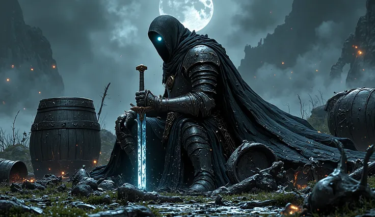 In the heart of a forsaken field, a dread-cloaked warrior sits immobile, his black armor exuding an almost otherworldly darkness that devours the pale light of the moon. His helmet is featureless, save for two piercing, ember-like glows that seem to peer i...