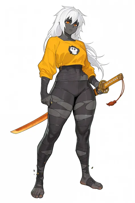 monkey woman ,white hair,white,monkey foot,black ripped leggings,yellow small tshirt,orange eyes,katana blade,big ,black bandages on hands and feets character desing,concept,full body black skin,adult, big hips,long hair,feet whit hand fingers no shoes,bus...