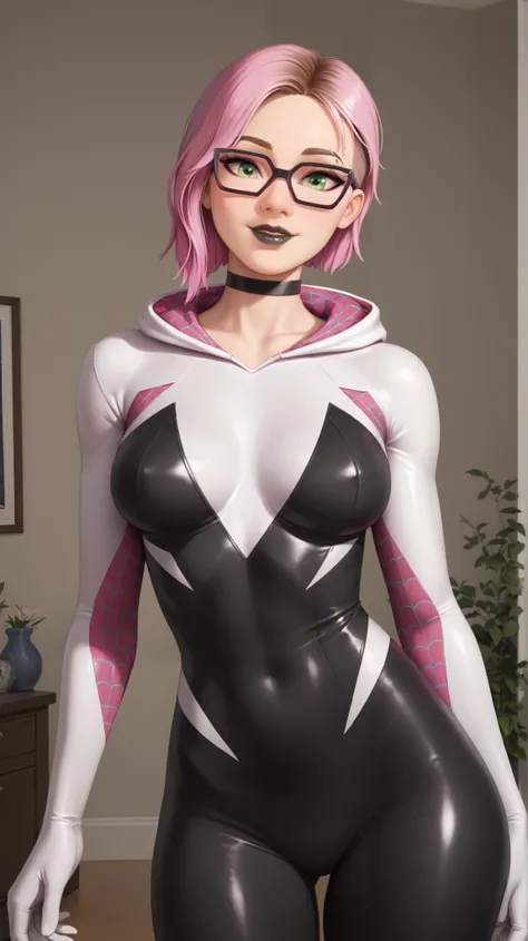 girl (masterpiece), choker, black lips, evening, beautiful green eyes, short pink hair, glasses,girl (masterpiece), choker, black lips, evening, beautiful green eyes, short pink hair, glasses, white light, Spider-Gwen tight suit, white with black, gray roo...