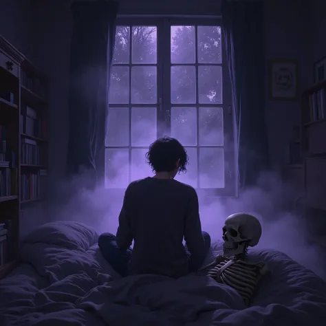 man is sitting on a bed in a Beautiful dark room, anime asthetic, album art cover, manga cover art, emotional picture, oyasumi punpun, by Shinoda Toko, anime cover, lofi album art, anime aesthetic, late night melancholic photo, cover art, atmospheric anime...