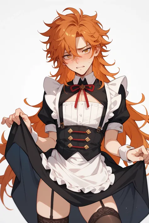 A boy with long, long hair, messy hair, messy orange hair that falls below his shoulders and tousled bangs. His golden eyes reflect a mixture of shyness and embarrassment. He wears a maid outfit and, with a blushing expression, avoids eye contact as he sli...