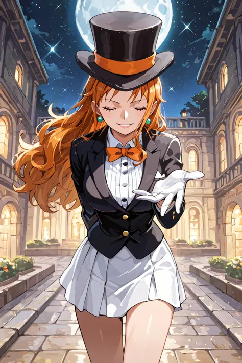 (masterpiece) solo, 1girl, nami, one piece, long orange hair, earrings, brown eyes, sleek legs,( large black silk top hat, orange band) black tuxedo jacket, white shirt under tuxedo jacket, orange bowtie, white miniskirt, ((white gloves)), (smiling, grace...