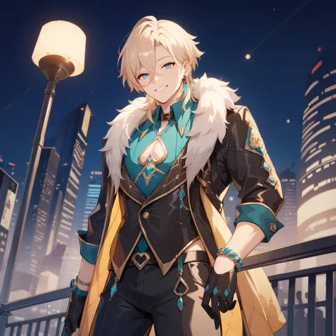 Character with chic clothes in a futuristic setting of a city at night.  he's smiling .