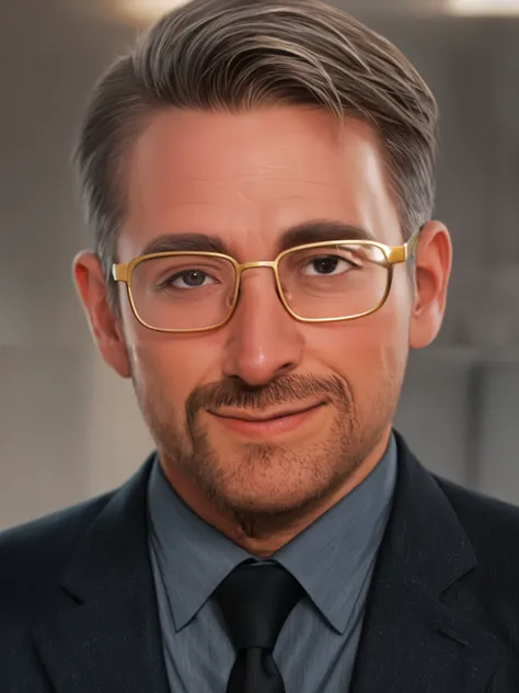 Turn into a hollywood executive male, gold framed glasses, bigger nose.