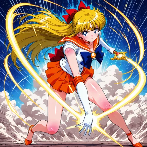 masterpiece,best quality,amazing quality, minako aino, blonde hair, blue eyes, bow, hair bow, long hair, red bow, tiara, back bow, choker, elbow gloves, jewelry, magical girl, orange choker, orange sailor collar, orange skirt, sailor collar, sailor senshi ...