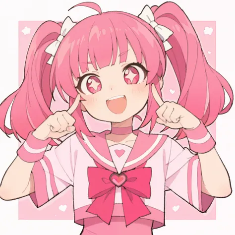 1 girl、pink long twin tails、my bangs are straight、my eyes are slightly reddish pink。sagitales、Brow、cute、is wearing a pink sailor suit。smiling with open mouth、smile、cute pose。From the chest up