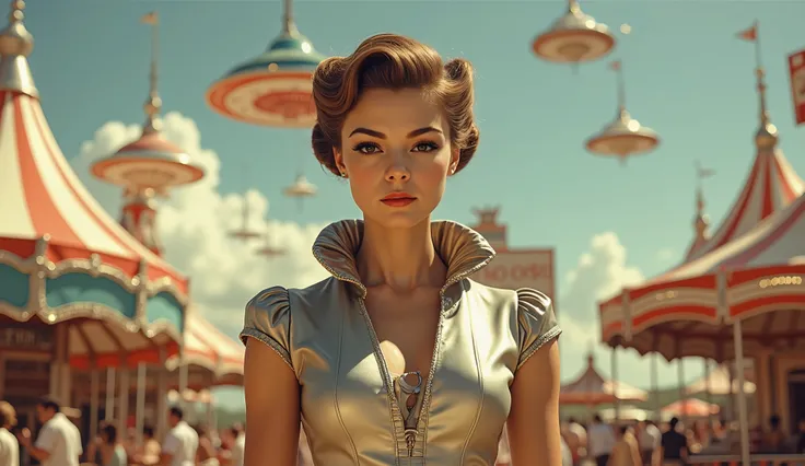 A stylish woman in a retrofuturistic carnival, wearing a metallic dress with a wide collar, surrounded by colorful tents and floating saucers in the sky, sunlight casting strong shadows