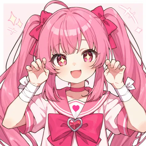 1 girl、pink long twin tails、my bangs are straight、my eyes are slightly reddish pink。clear eyes、cute、I'm wearing a pink short-sleeved sailor suit。Bandage on wrist、smiling with open mouth、smile、cute pose。From the chest up、 sparkling。 icon。