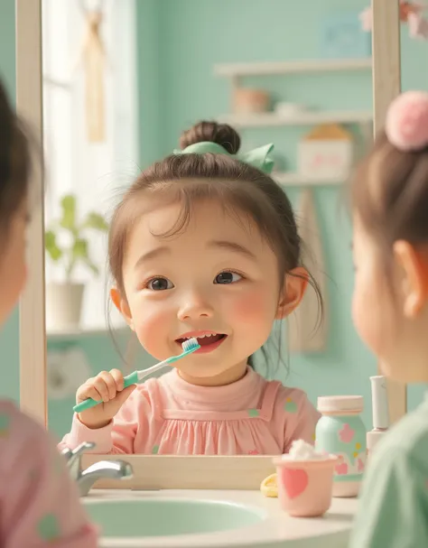 Cute realistic 3D cartoon illustration, girl smiling and holding a toothbrush near her mouth in the bathroom, candy color tone, soft light.