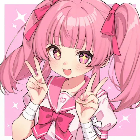 1 girl、pink long twin tails、my bangs are straight、my eyes are slightly reddish pink。clear eyes、cute、I'm wearing a pink short-sleeved sailor suit。Bandage on wrist、smiling with open mouth、smile、peace sign、From the chest up、 sparkling。 icon。background is pink...