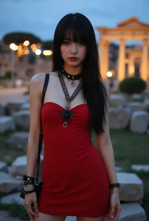 Create a stunning portrait of a beautiful Japanese female singer. She has a slender body, small bust, and thin legs, with long hair and bangs. She's wearing a red Gothic-style mini dress and Gothic makeup. The background features ancient Roman ruins, set d...