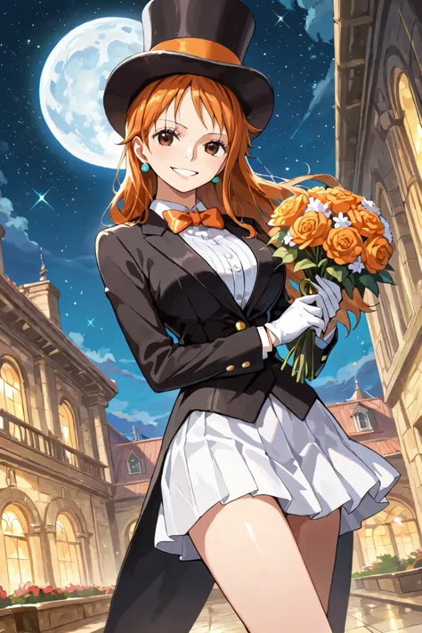 (masterpiece, 2k, highly detailed) solo, 1girl, nami, one piece, long orange hair, earrings, brown eyes, sleek legs,( large black silk top hat, orange band) black tuxedo jacket, white shirt under tuxedo jacket, orange bowtie, white miniskirt, ((white glov...
