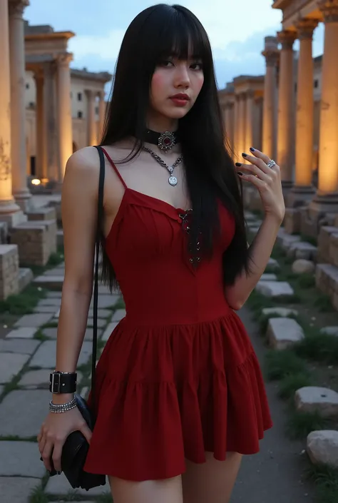 Create a stunning portrait of a beautiful Japanese female singer. She has a slender body, small bust, and thin legs, with long hair and bangs. She's wearing a red Gothic-style mini dress and Gothic makeup. The background features ancient Roman ruins, set d...