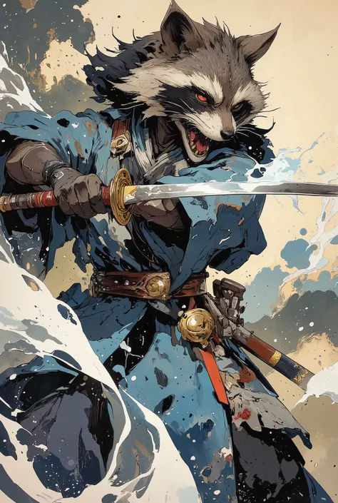(best quality)))、(super high image quality)、(Super Detail)、(detailed description)、(Best CG ))、(masterpiece)、ArsMJStyle、(Zen ink wash painting)、raccoon , ランダムなシチュエーション,背後からのアングル,日本刀で斬りつける,(aura:1.3)
