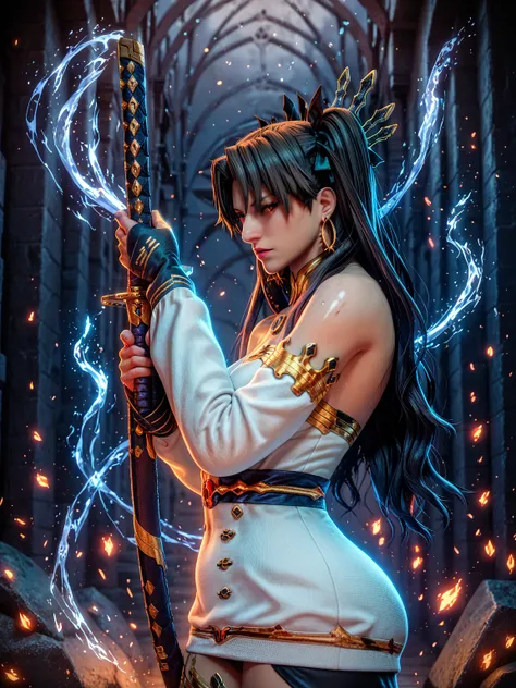 score_9, score_8_up, score_8, score_7_up, bouqtm, ishtar_(fate), red_eyes, parted bangs, long_hair, jewelry, earrings, black_hair, armlet, crown, two_side_up, small_breasts, hoop_earrings, ribbon, narrowed eyes, plump, shiny skin, 1girl, weapon, solo, swor...