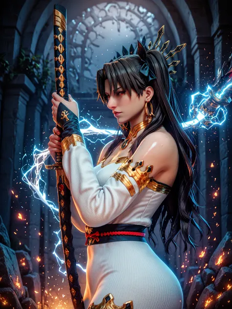 score_9, score_8_up, score_8, score_7_up, bouqtm, ishtar_(fate), red_eyes, parted bangs, long_hair, jewelry, earrings, black_hair, armlet, crown, two_side_up, small_breasts, hoop_earrings, ribbon, narrowed eyes, plump, shiny skin, 1girl, weapon, solo, swor...