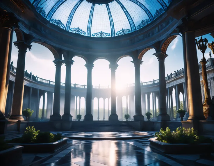 by [arknights|(748cmstyle:0.5)], 8k, bokeh, cinematic shot, dramatic lighting, high contrast, masterpiece, best quality, amazing quality, very aesthetic, high resolution, ultra-detailed, absurdres,
high-futuristic inner garden, clear sky, marmer with inscr...