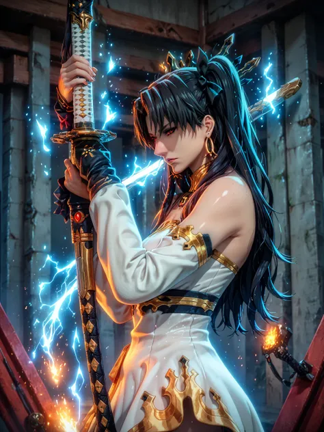 score_9, score_8_up, score_8, score_7_up, bouqtm, ishtar_(fate), red_eyes, parted bangs, long_hair, jewelry, earrings, black_hair, armlet, crown, two_side_up, small_breasts, hoop_earrings, ribbon, narrowed eyes, plump, shiny skin, 1girl, weapon, solo, swor...