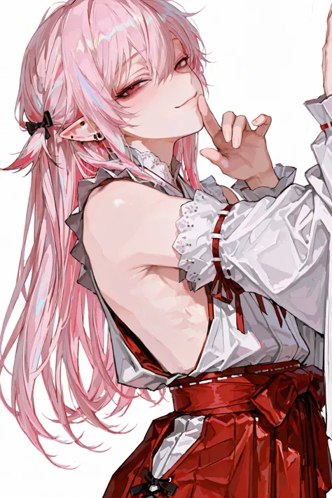 1male,handsome,top quality,high quality,masterpiece,beautiful young man, lean, 6 foot tall, miko, side boob, vampire, detailed face, Gothic, Lolita fashion, simple background, long hair, multi colored hair, shrine maiden, pointy ears, visual kei style, pin...