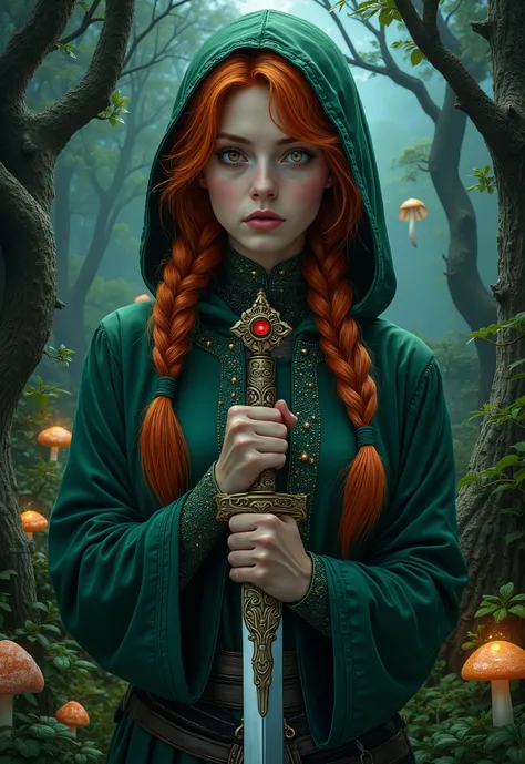 A striking young woman with fiery red hair styled into two long, messy braids, a high-quality, full-body illustration. She is draped in an emerald-green hooded robe, partially open to reveal an intricate and elegant outfit. She wields a beautifully adorned...