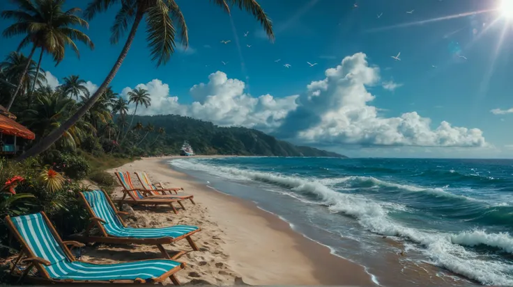 Hyperrealistic panoramic tropical island, evocative of Islas del Rosario, Colombia, featuring photorealistic, vibrantly colored, crystal-clear turquoise water with subtle wave patterns and light refraction. A pristine white sand beach with visible individu...