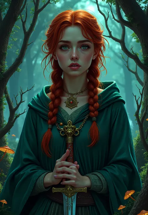 A striking young woman with fiery red hair styled into two long, messy braids, a high-quality, full-body illustration. She stands at the edge of a dense, overgrown forest at twilight, an emerald-green hooded robe draped around her, partially open to reveal...