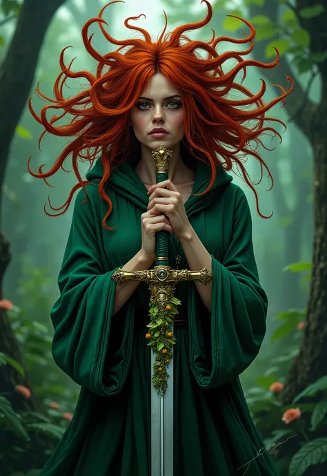 A high-quality, full-body illustration depicting terror. A striking young woman with fiery red hair forming chaotic, branch-like shapes. Her emerald-green hooded robe flows and twists like creeping vines. She clutches a sword whose hilt is overgrown with s...