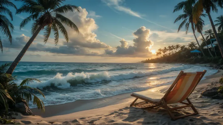 Hyperrealistic panoramic tropical island, evocative of Islas del Rosario, Colombia, featuring photorealistic, vibrantly colored, crystal-clear turquoise water with subtle wave patterns and light refraction. A pristine white sand beach with visible individu...