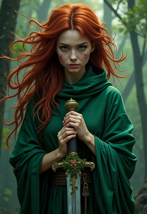A high-quality, full-body illustration depicting terror. A striking young woman with fiery red hair forming chaotic, branch-like shapes. Her emerald-green hooded robe flows and twists like creeping vines. She clutches a sword whose hilt is overgrown with s...